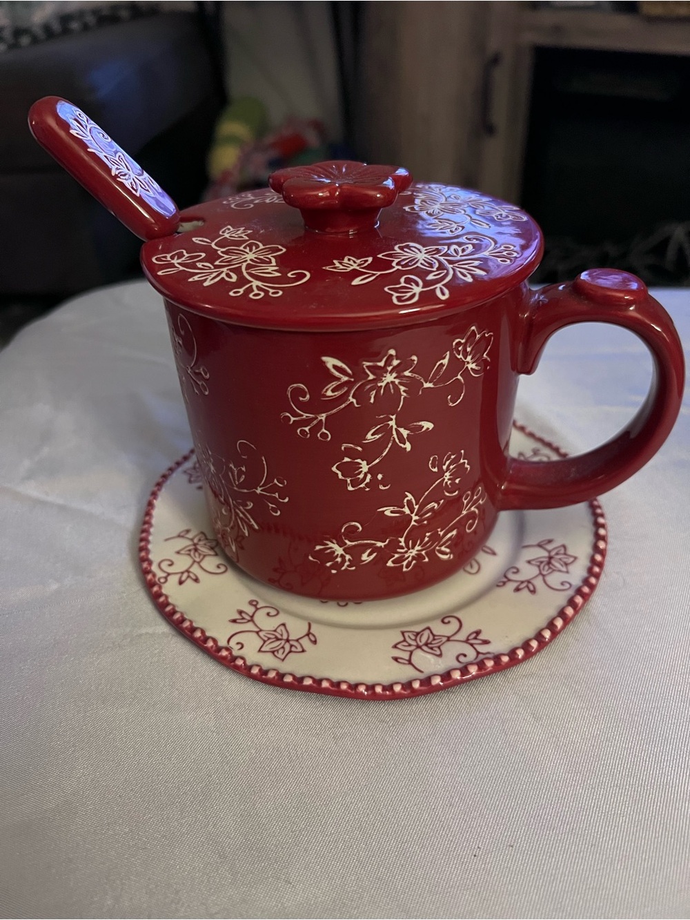 Temp-tations Floral Lace Red 4 Pc Soup Mug Sandwich Plate Spoon Set